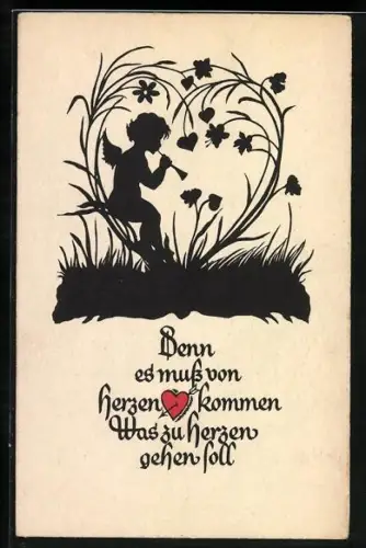 Künstler-AK Kleiner Engel steht in herzförmigen Blumen