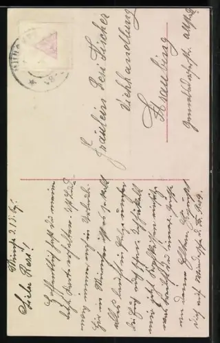 AK Amor sitzt neben einer Frau die Blätter von einer Blüte pflückt, Liebesorakel