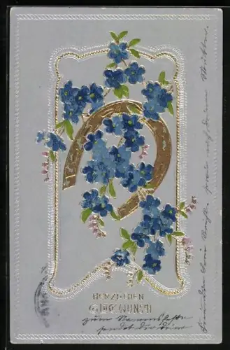 Präge-AK Hufeisen mit blauen Blumen, Herzlichen Glückwunsch