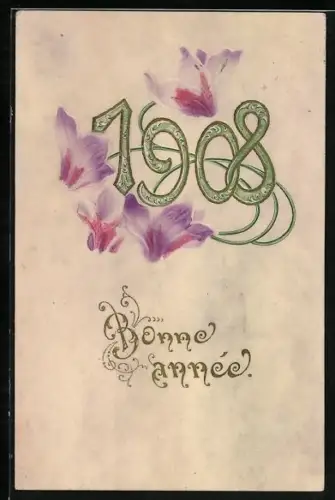 Präge-AK Grüne Jahreszahl 1908 mit Blumen, Bonne année