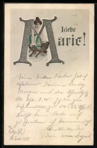 AK Dame lehnt sich auf einen Stuhl, Liebe Marie, Namenstag