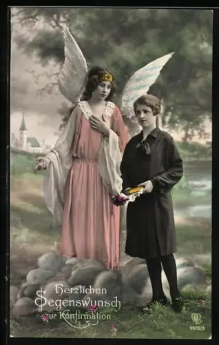 AK Engel steht neben einem Mädchen mit Bibel, Konfirmation