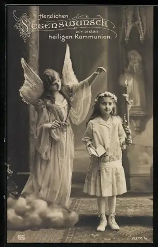 AK Engel mit jungem Mädchen zur Kommunion