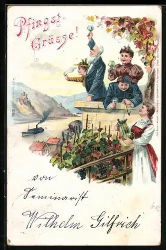 Lithographie Feiernde Gesellschaft trinkt Wein, Pfingst-Grüsse