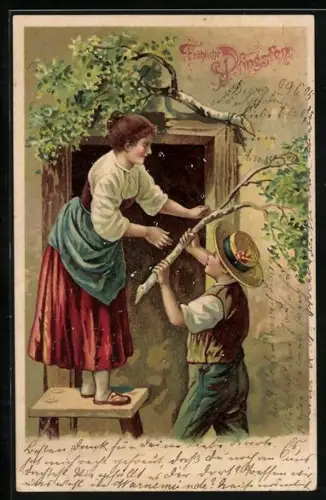 Lithographie Fröhliche Pfingsten, Junge und Mädchen verladen Birkenzweige