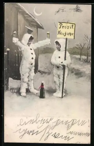 AK Prosit Neujahr, zwei Kinder in Schneemannkostümen mit Sektgläsern
