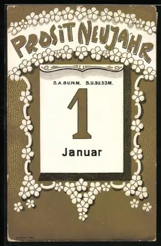 Präge-AK Prosit Neujahr, Kalenderblatt 1. Januar