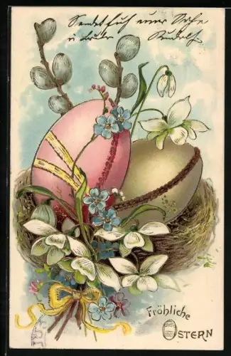 Präge-AK Ostereier und Weidenkätzchen, Fröhliche Ostern