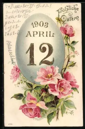 Präge-AK Osterei mit Datum 12. April 1903, Rosane Blüten, Fröhliche Ostern