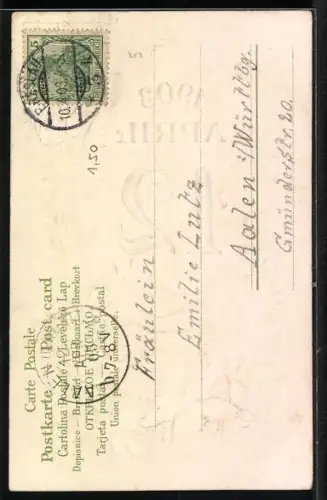 Präge-AK Osterei mit Datum 12. April 1903, Rosane Blüten, Fröhliche Ostern