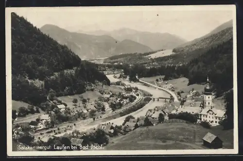 AK Lauffen bei Bad Ischl, Totalansicht mit Brücke aus der Vogelschau