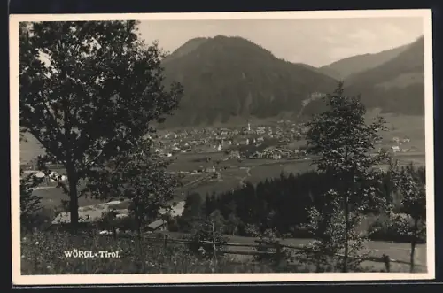 AK Wörgl, Gesamtansicht mit Bergen, Kirche