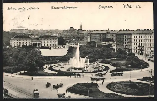 AK Wien, Hochstrahlbrunnen mit Schwarzenberg-Palais und Heugasse aus der Vogelschau