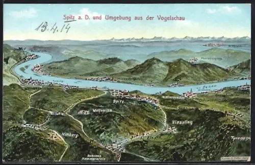 Künstler-AK Spitz a. D., Gesamtansicht und Umgebung aus der Vogelschau