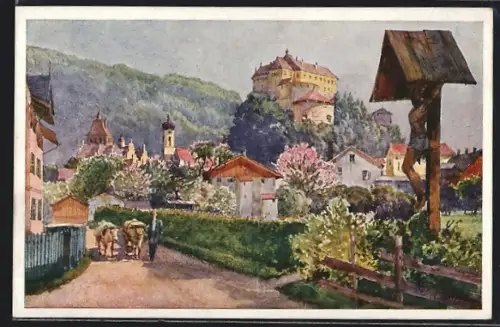 AK Kufstein, Partie in der Ortschaft mit Flurkreuz