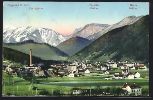 AK Gloggnitz /N.-Ö., Gesamtansicht mit Rax, Feuchter u. Gahns