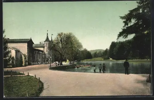 AK Graz, Hilmteich mit Turmgebäude, Strasse, Kindergruppe