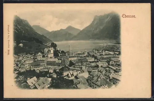 AK Ebensee, Blick über die Dächer hinweg auf den Traunsee hinaus