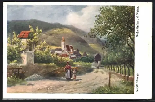 Künstler-AK Leopold Schweiger: Weissenkirchen i. d. Wachau, Totalansicht mit Kirche