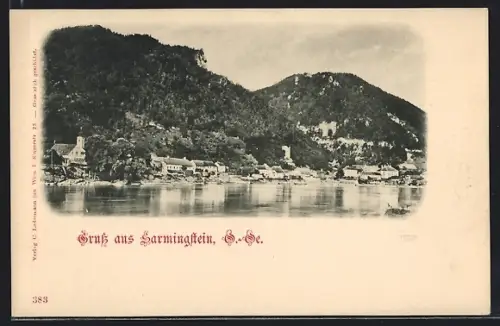 AK Sarmingstein, Uferpartie mit Kirche