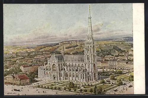 Künstler-AK Linz a. d. Donau, Domplatz mit Neuen Dom