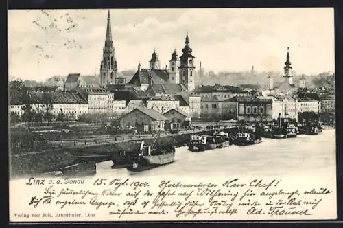 AK Linz a. d. Donau, Uferpartie mit Kirche