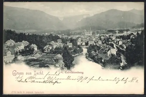 AK Ischl, Panoramablick auf die Ortschaft vom Calvarienberg mit Bergen im Hintergrund