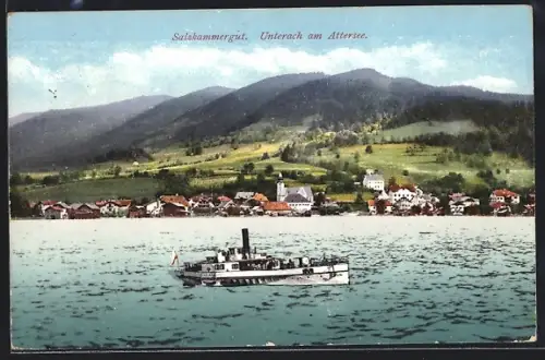 AK Unterach am Attersee, Seepartie mit Dampfer, Panorama