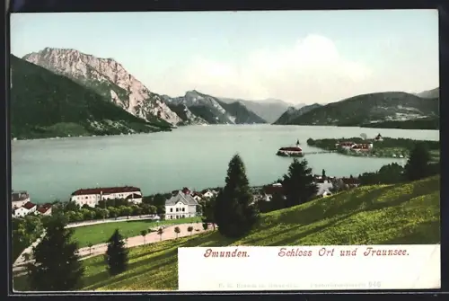 AK Gmunden, Schloss Ort mit Traunsee