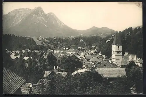 AK Aussee, Ortsansicht mit Kirche gegen die Berge
