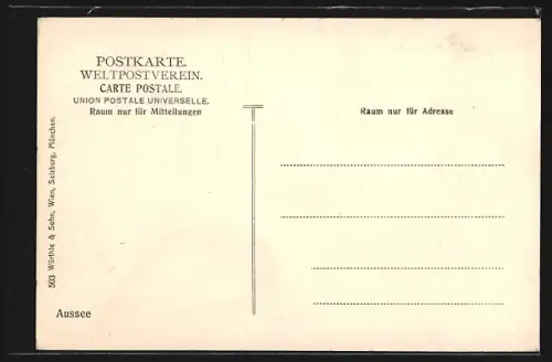 AK Aussee, Ortsansicht mit Kirche gegen die Berge