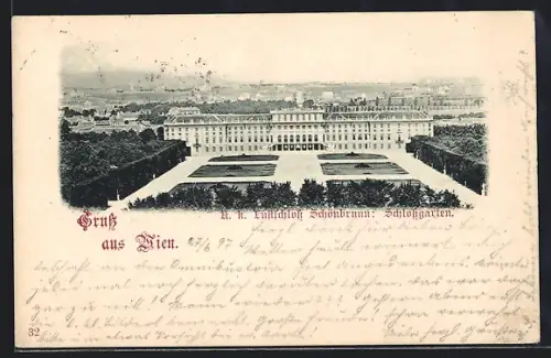 AK Wien, K. K. Lustschloss Schönbrunn mit Schlossgarten