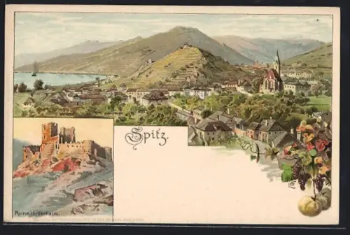 Künstler-AK Spitz, Ortsansicht und Ruine Hinterhaus