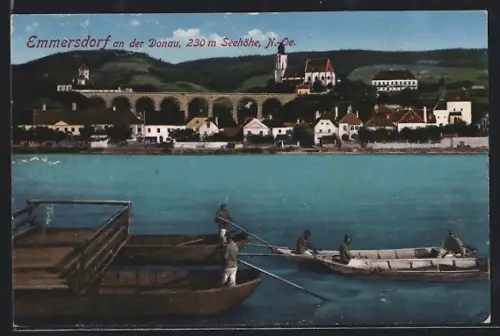 AK Emmersdorf an der Donau, Ortsansicht mit Viadukt, Fähre, Kähne