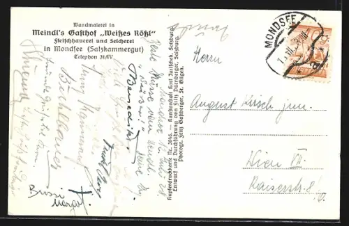 Künstler-AK Mondsee, Meindls Gasthof Weisses Rössl, Wandmalerei Mondseer Krebstentränker