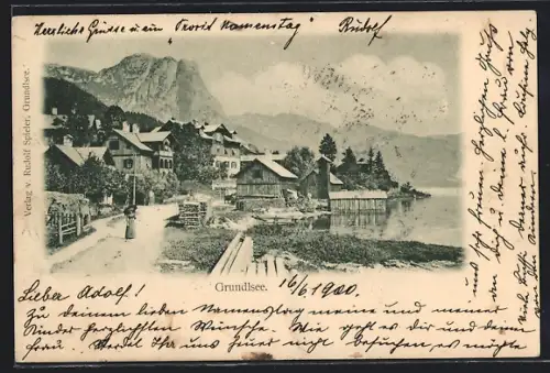 AK Grundlsee, Ortsansicht mit Uferstrasse und Seeblick