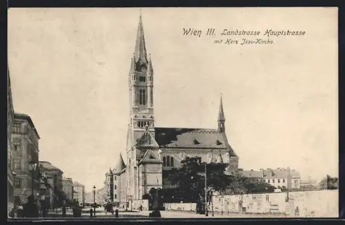 AK Wien, Landstrasse Hauptstrasse mit Herz Jesu-Kirche