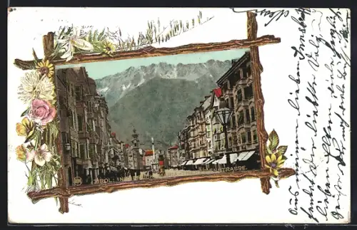 Lithographie Innsbruck, Maria-Theresienstrasse, Holzrahmen mit Blumen