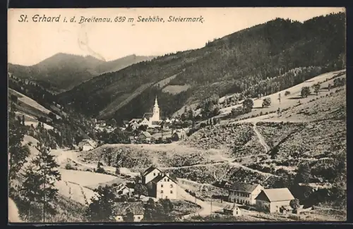 AK St. Erhard i. d. Breitenau, Ortsansicht mit Bergpanorama aus der Vogelschau