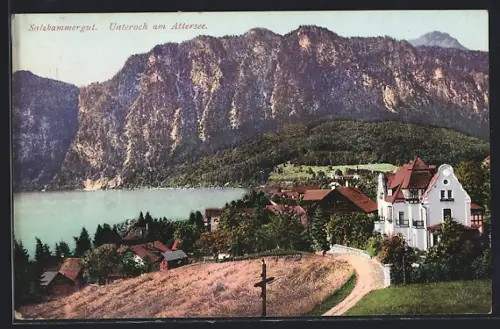 AK Unterach am Attersee, Totalansicht mit Gebirgswand