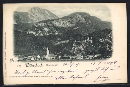 AK Wörschach, Ortspanorama mit Kirche und Gebirge