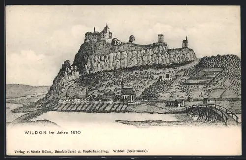 Lithographie Wildon, Ortsansicht im Jahre 1610