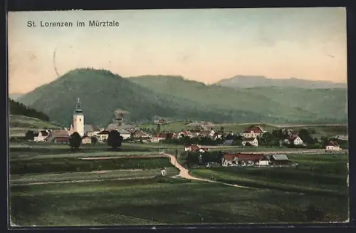 AK St. Lorenzen im Mürztale, Ortsansicht mit Bergpanorama