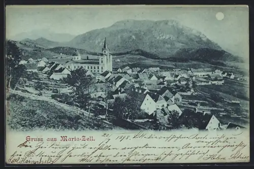 Mondschein-AK Maria-Zell, Ortsansicht im Vollmondlicht