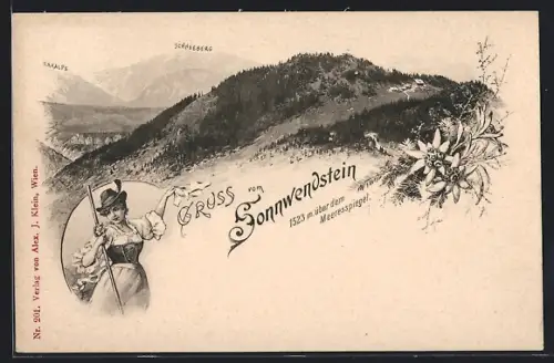 Künstler-AK Schottwien, Sonnenwendstein, Bergansicht, Frau in Tracht, Raxalpe, Schneeberg
