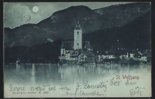 Mondschein-AK St. Wolfgang, Kirche im Vollmondlicht