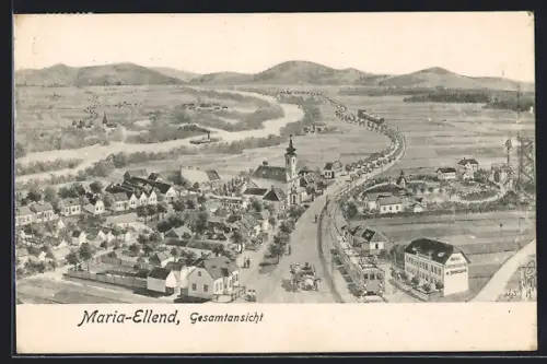 Künstler-AK Maria-Ellend, Ortsansicht mit Hotel A. Strasser