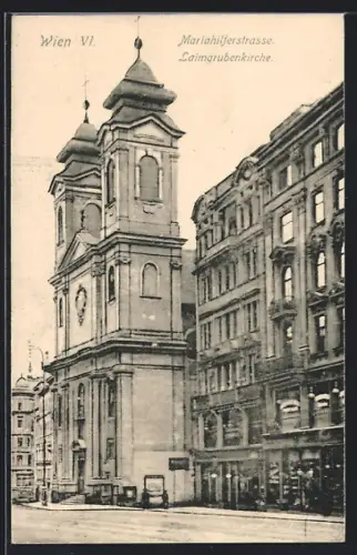 AK Wien VI, Mariahilferstrasse mit Laimgrubenkirche