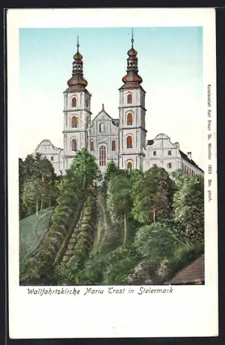 Künstler-AK Maria Trost /Steiermark, Wallfahrtskirche mit Anlagen, mit leuchtenden Fenstern