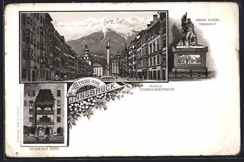 Lithographie Innsbruck, Goldenes Dach, Hofer-Monument, Maria-Theresienstrasse